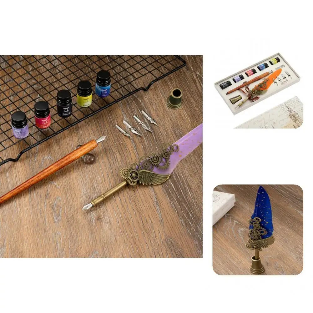 

Multifunctional Wood Glittering Signature Quill Pen Ink Set for Students