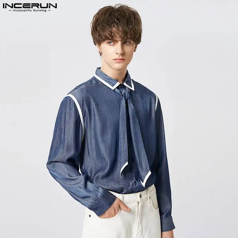 

INCERUN Men Shirt Patchwork Tie Lapel Long Sleeve Streetwear 2023 Fashion Male Shirts Button Loose Spring Elegant Camisas S-5XL