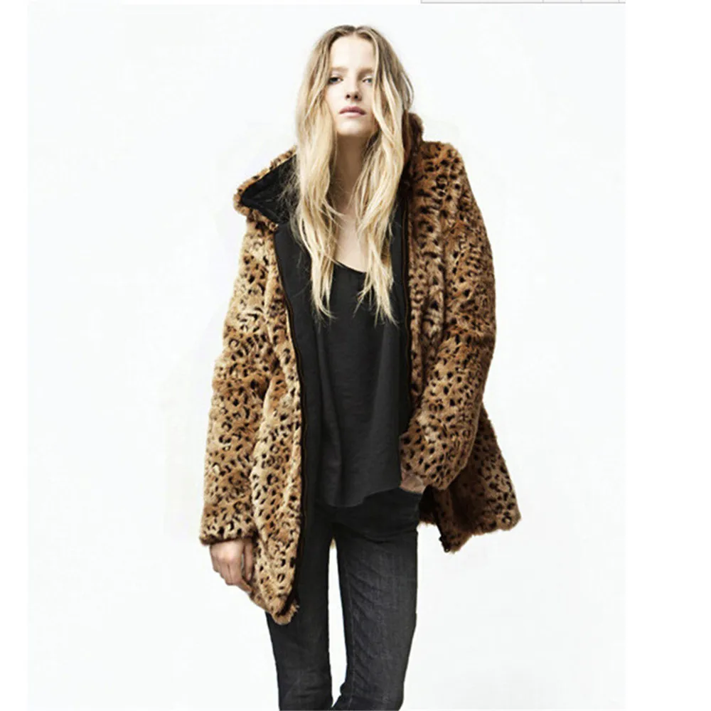 

New Women's Faux Fur Coats Leopard Imitation Mink Large Size Long Coat Female Fur Overcoat Hoodies Vintage Ladies Fur Jackets