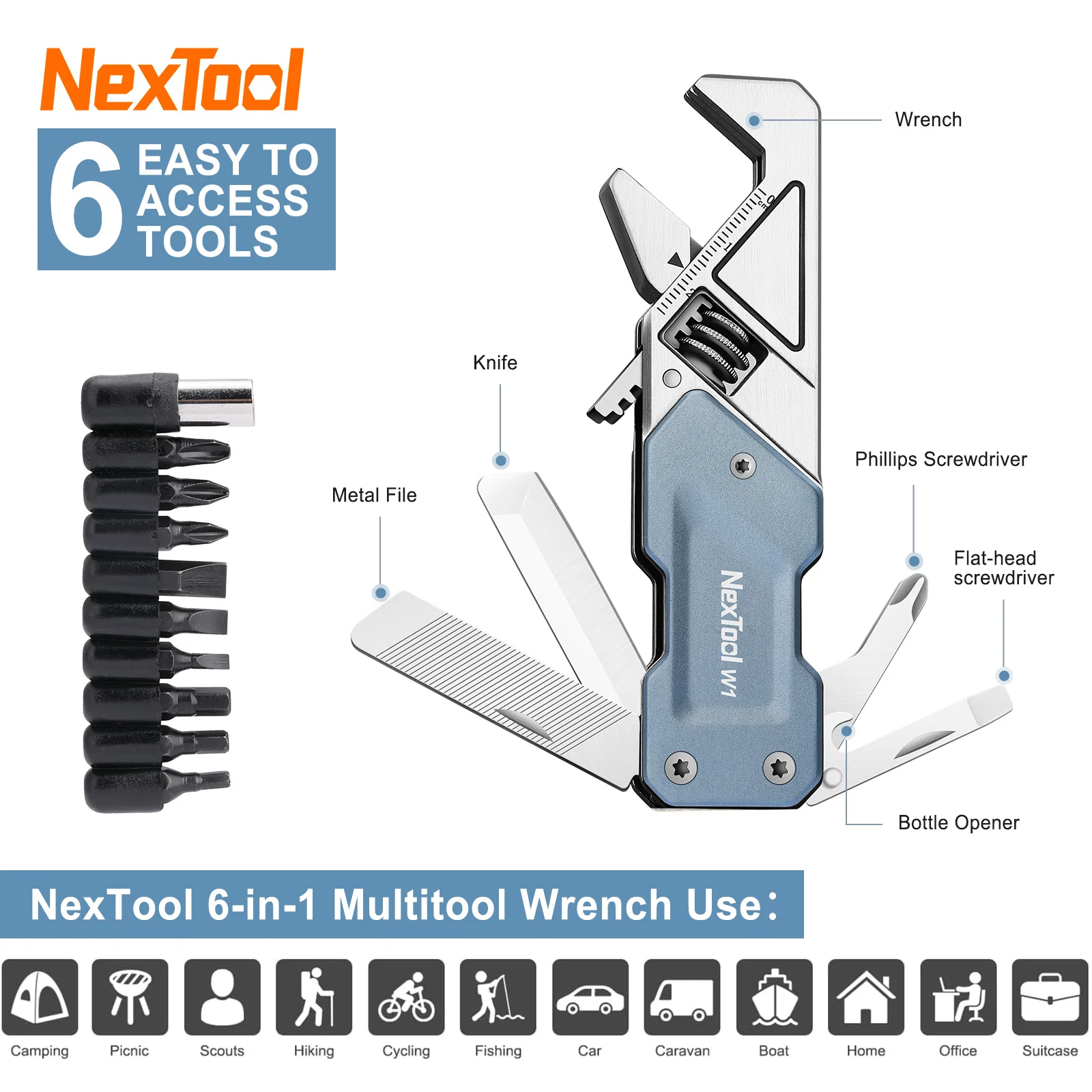 Фото NexTool Регулируемый ключ 6 в 1 EDC Мультитул Карманный набор ручных инструментов Набор отверток Многофункциональные инструменты Складной нож Напильник №5