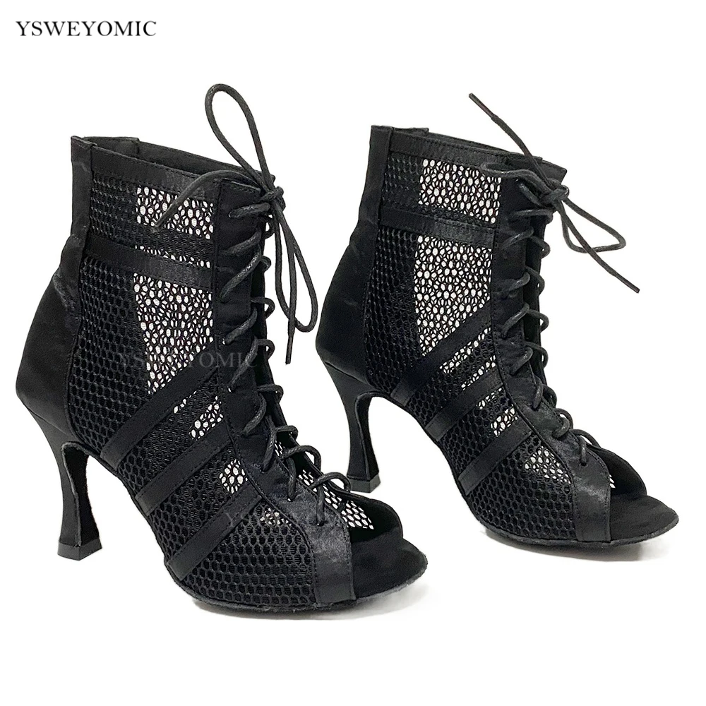 Open Front Dance Booties Satin Latin Dance Shoes Suit for narrow Foot Salsa Ballroom Dance Shoes 2022 Black Social Dance Shoes