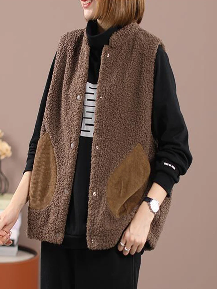 

Solid Color Autumn And Winter Ladies Vest Retro Lambs Wool Thick Warm Cardigan Sleeveless Pockets Fashion Women Outerwear Coat