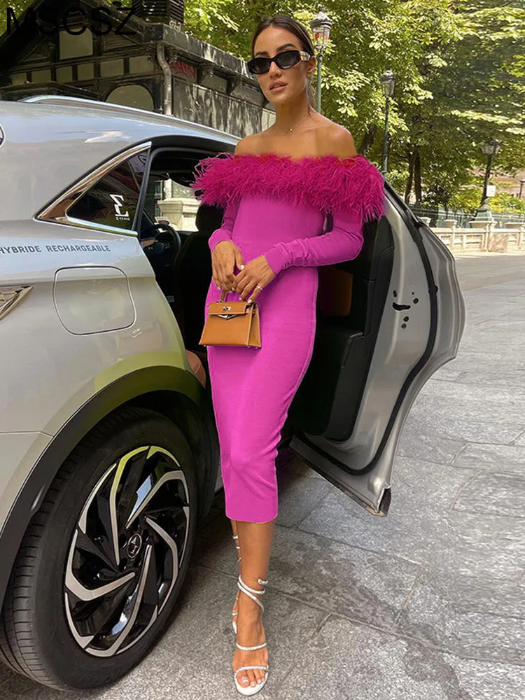 

Off Shoulder Long Sleeve Midi Dress Elegant Prom Party Dresses With Feather Slash Neck Ribbed Bodycon Dress