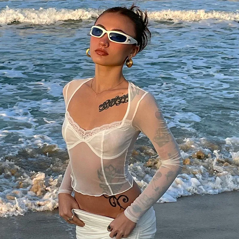 

Cutistation White Lace Trim Mesh Crop Tops Women Y2k Aesthetic Square Neck Long Sleeve See Through Tees 90s Fashion Summer Top