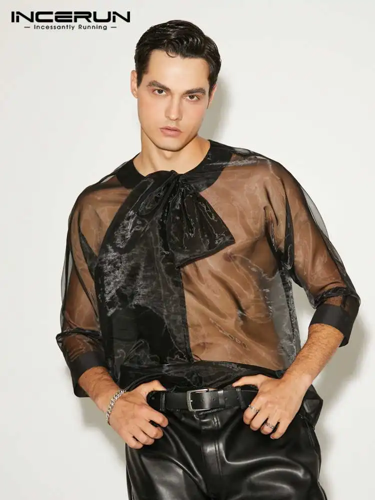 

INCERUN Fashion Men Shirt Mesh Transparent 3/4 Sleeve Lace Up Streetwear Solid Camisas 2022 Sexy Party Nightclub Shirts S-5XL
