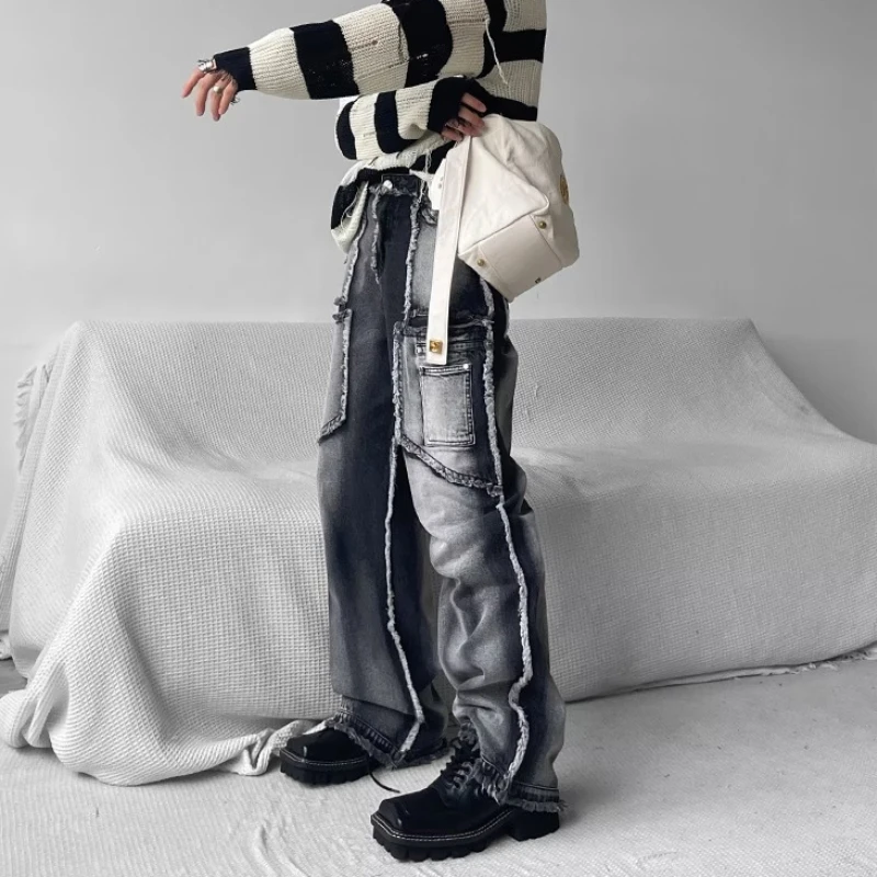 DEEPTOWN Y2K Patchwork Jeans Men Black Denim Designer Pants Punk Streetwear Loose Casual Trousers Male Hip Hop Pocket Spring 4XL