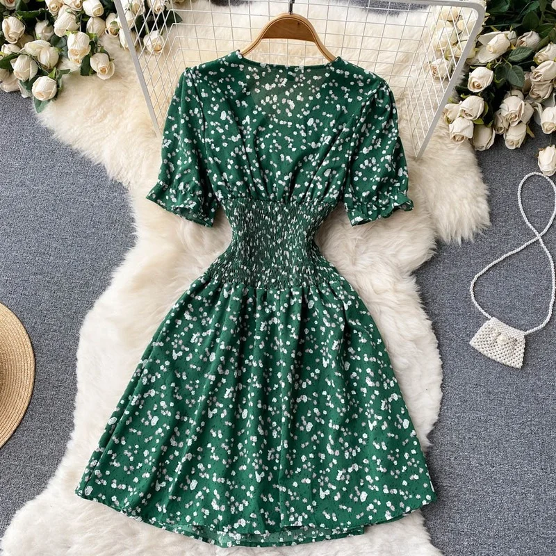 

N GIRLS Folds Slim Waist Vintage Dress Women V-neck Short Sleeve Big Swing Mini Chiffon Dresses Floral A-line Gentle Robe Femme