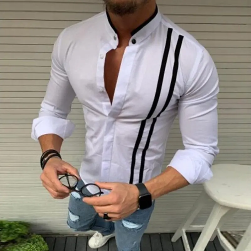 Fashion New Spring And Autumn Men Shirt Long Sleeve Stripe Print Round Collar Button Tops Male Slim Fit Clothing
