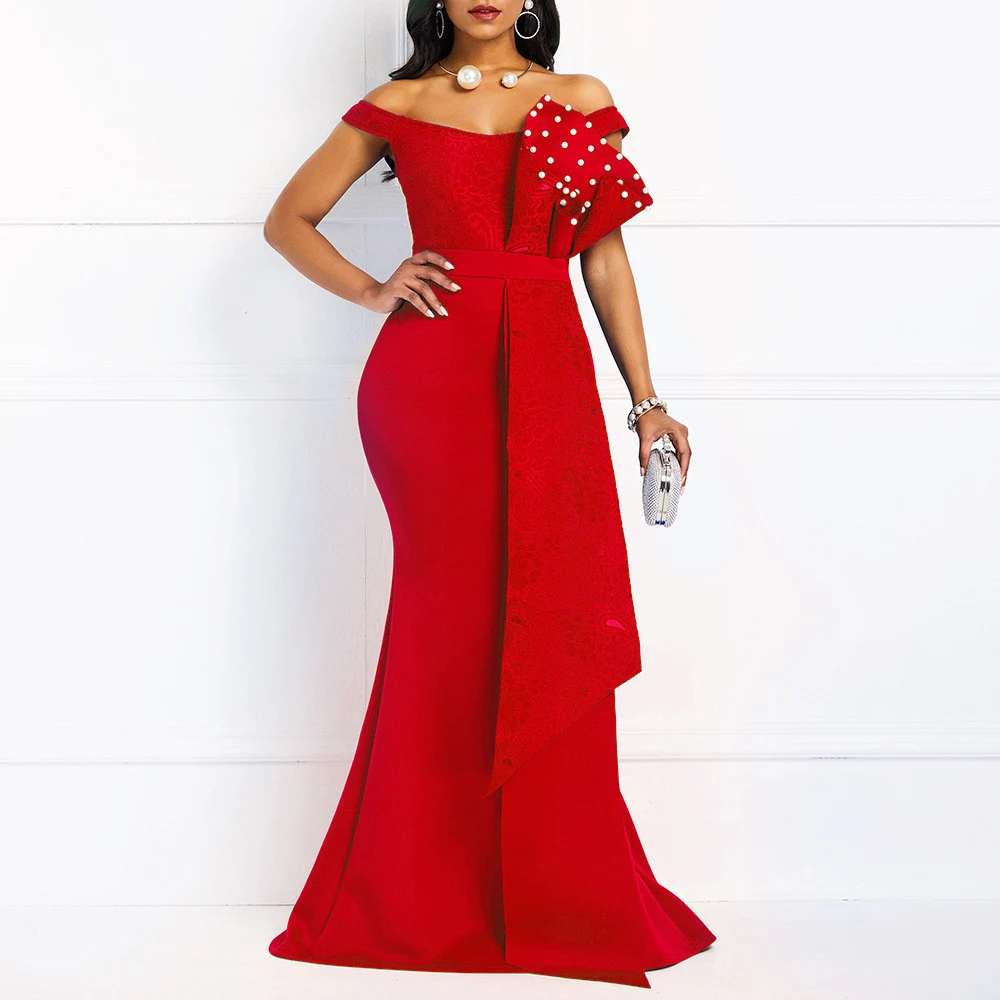 

Sexy Off Shoulder Beaded Lace Long Maxi Dresses Night Club Evening Party Dresses Elegant Mermaid Dress Sleeveless Bodycon Dress
