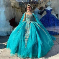 glitter sequins aqua quinceanera dresses for 16 year ball gown with cape lace appliques bodice long debut gowns for girl party