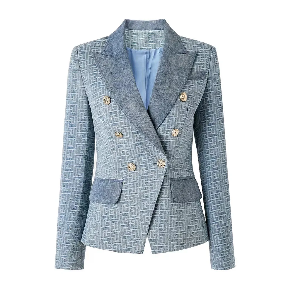 

2023 New Autumn Winter Luxury Elegant Denim Splice Jacquard Ten Thousand Character Pattern Metal Button Suit Coat Women's Blazer