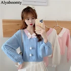 Женский пуловер карамельных цветов в стиле преппи, свитер с V-образным вырезом, белый, розовый, синий милый свитер, милый короткий свитер с бантом, укороченный топ