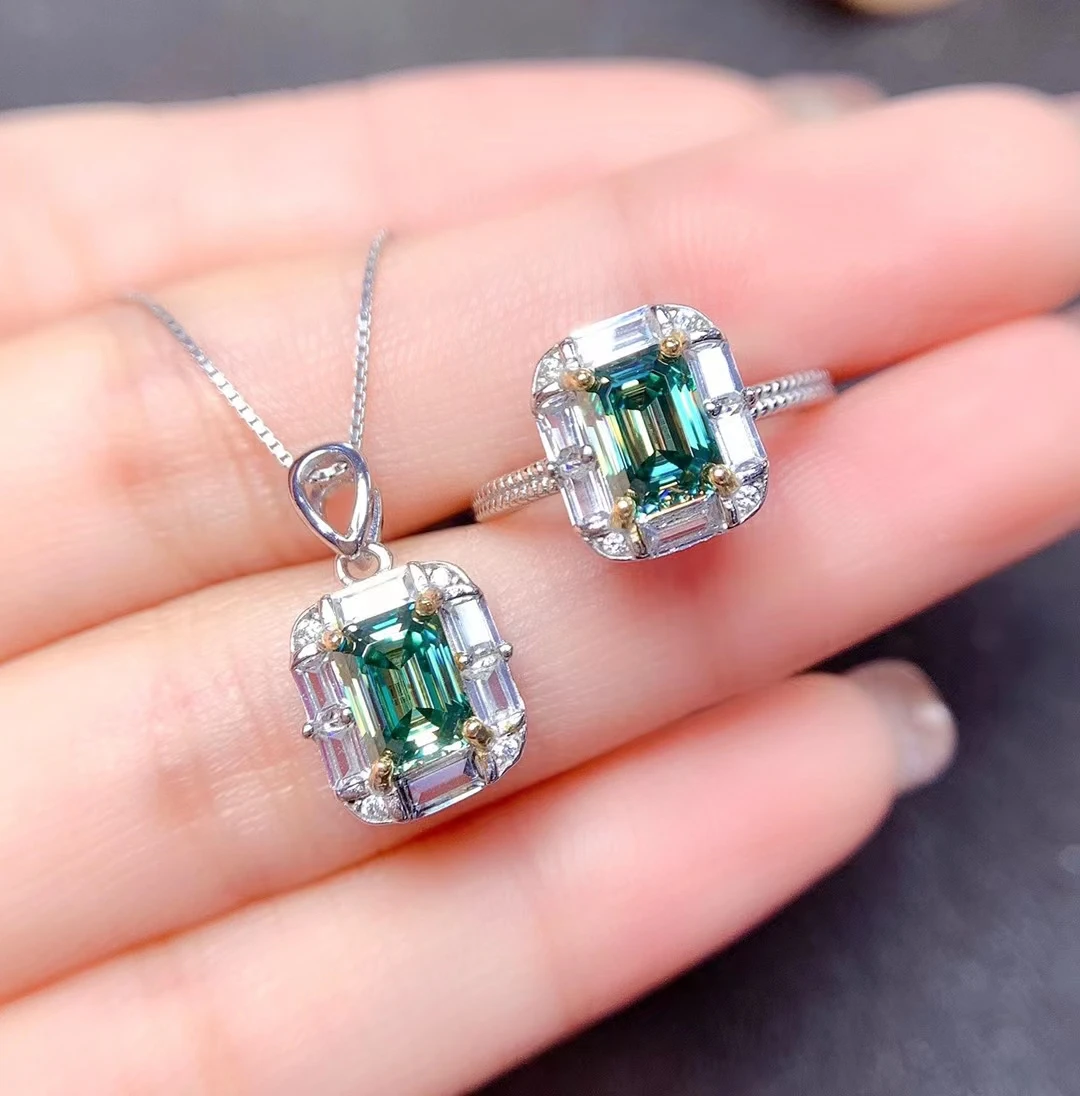 

MeiBaPJ 5*7mm Real Green Rectangle Moissanite Gemstone Jewelry Set 925 Silver Simple Necklace Ring Wedding Jewelry for Women