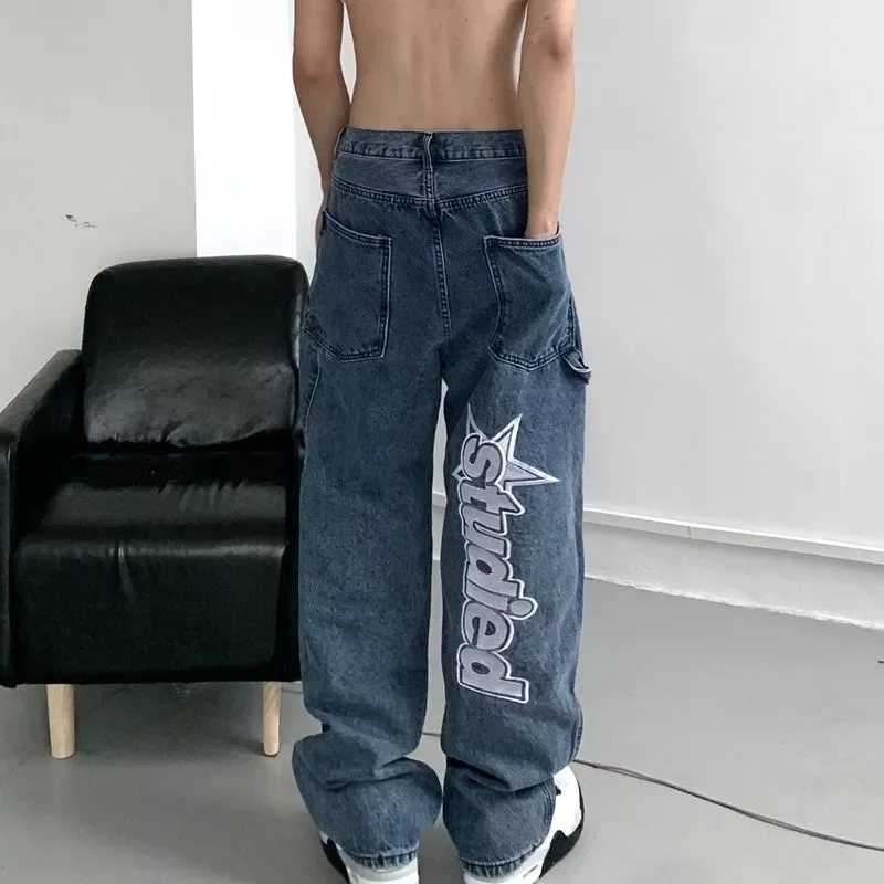 

New2022 American letters embroidered autumn street hip-hop loose jeans lovers four seasons trend wild thin wide-leg pants women