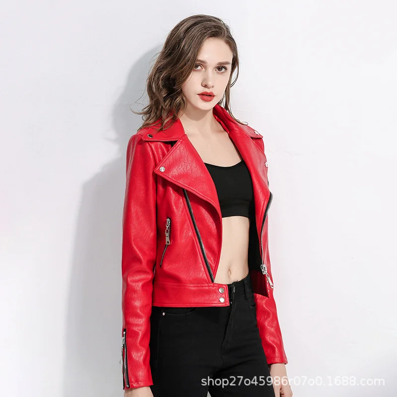Short Women'S Leather Coat Spring And Autumn Fashion New Style Foreign  Korean Small Man Trend Motorcycle Jacket Slim Black Red enlarge
