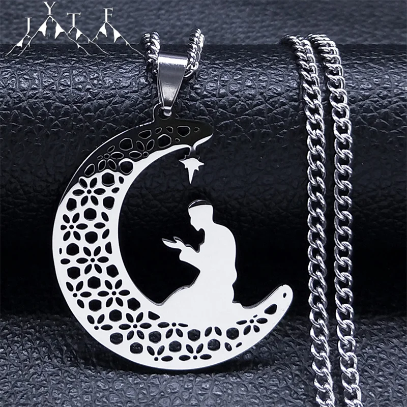 

Islam Muslim Bow Down Pray Star Crescent Moon Necklace Carved Flower Islamic Stainless Steel Religious Necklaces Jewelry N2020S0