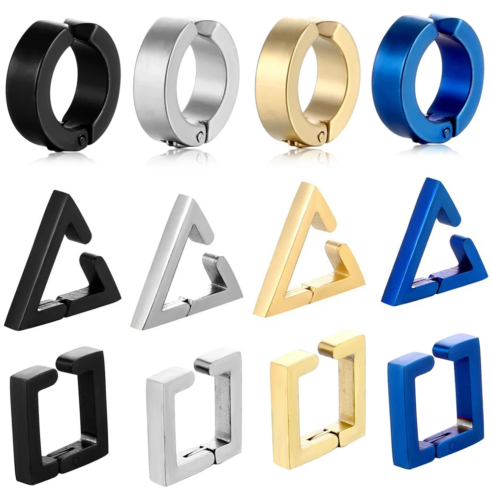 

WKOUD 3/4/12pcs Stainless Steel Non-Piercing Triangle/Square/Round Clip On Ear Stud Cuff Earrings Set For Men Women Unisex
