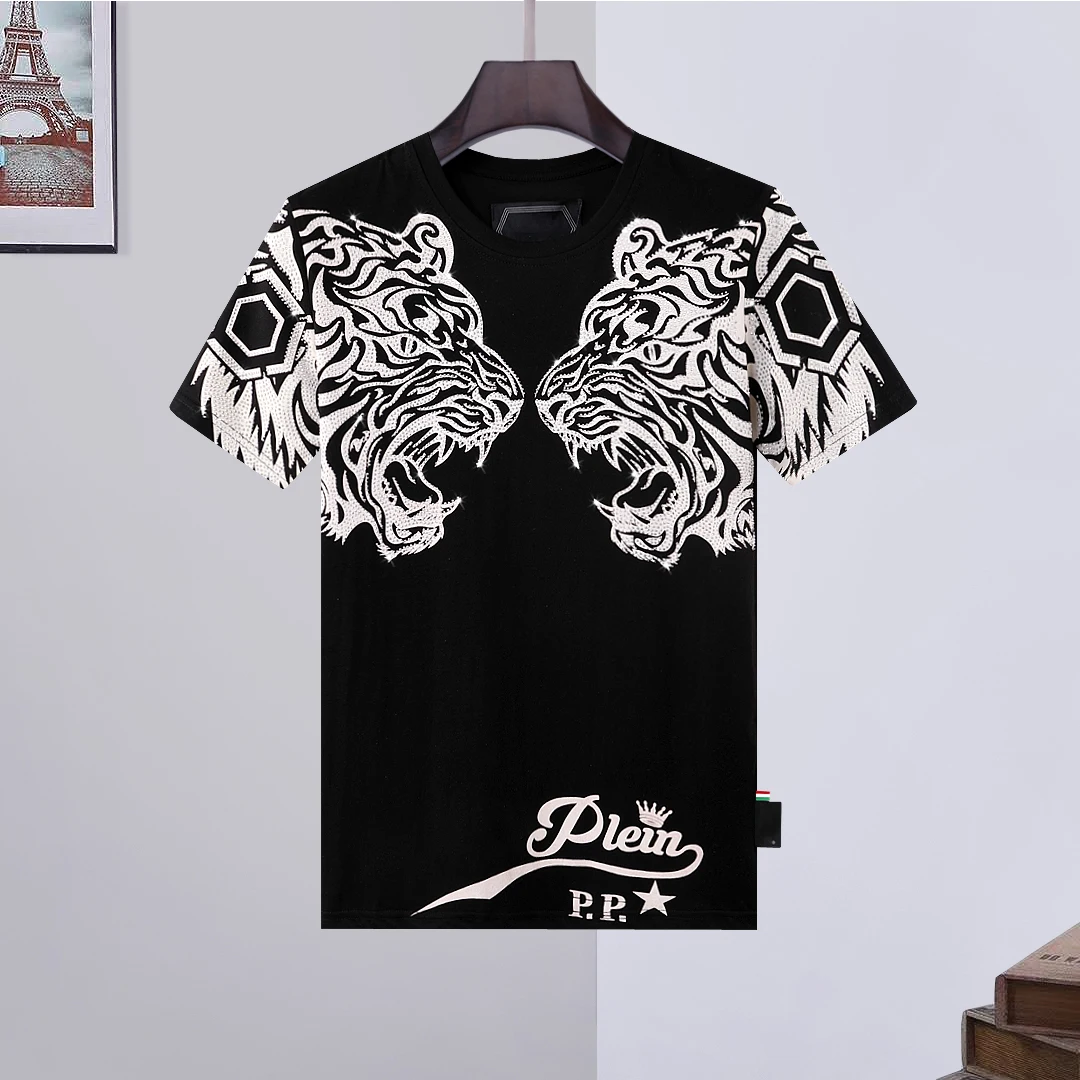 

2022 summer new short sleeved men's clothing pure cotton double tiger head glare diamond inlaid top T-shirt fashion trend Luxury