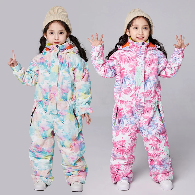 Winter Warm Girls Snowboard Jumpsuit Hoodie Children's Ski Suit Sport One Piece Kids Snow Overalls Waterproof Baby Clothes Sets