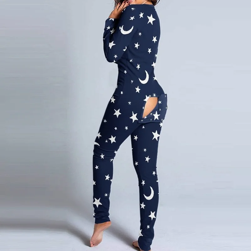 

Sexy Women Jumpsuit Buttocks Cutout Flap Buttoned Pajamas V-Neck Long Sleeve Clubwear Jumpsuit Female Bodysuit Rompers Sleepwear
