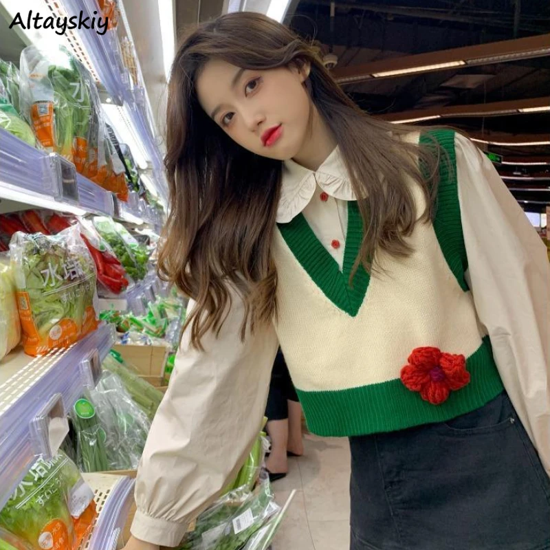 

Vintage Panelled Crop Sweater Vest Women Chic Preppy Style Autumn New Sweet Girl Simple Aesthetics Designer Fashion Ins Knitted