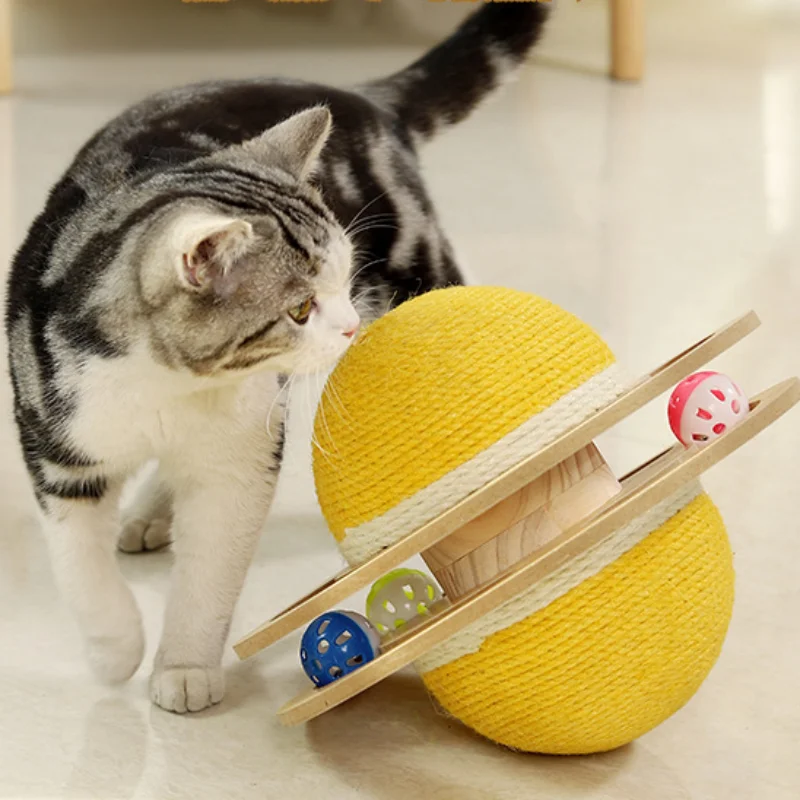 

Bell Ball Asteroid Sharp Cat Toy Natural Solid Wood Scratcher Interactive Pet Accessories Sisal Turntable Kitten Wheel Bowl