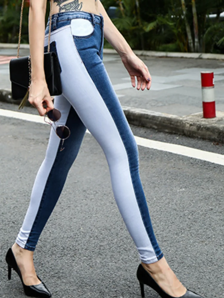 

Panelled Spliced Color Bleached Skinny Jeans Women Cotton Denim Slim Moustache Effect Streetwear Elasticity Slim Fit Pencil Pant