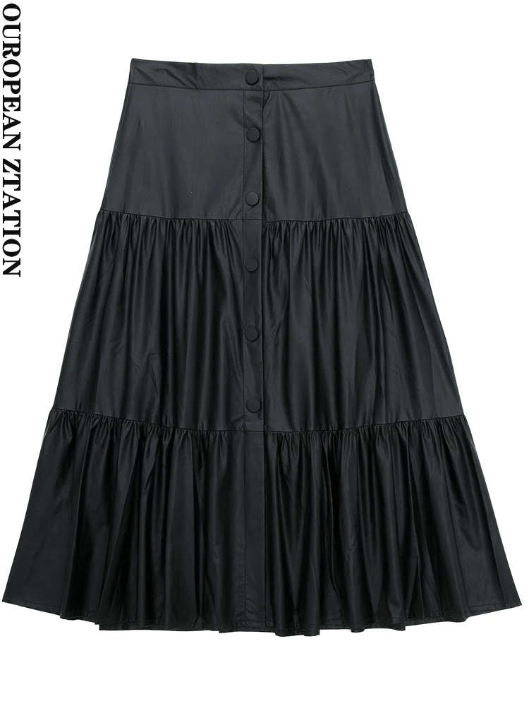 

PAILETE Women 2022 fashion faux leather pleated midi skirt vintage high waist front buckle female skirts mujer