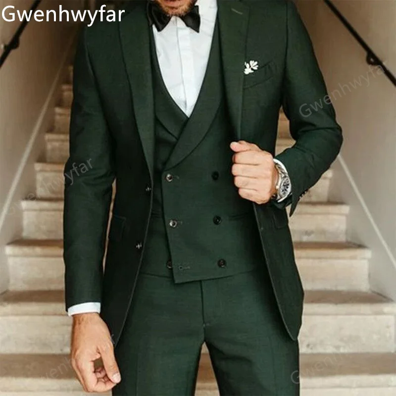 

Gwenhwyfar Fall 2022 Fine Craft Dark Green Wedding Suit for Men Notch Lapel Two Buttons 3-piece Bridegroom Tuxedo Prom Dresses