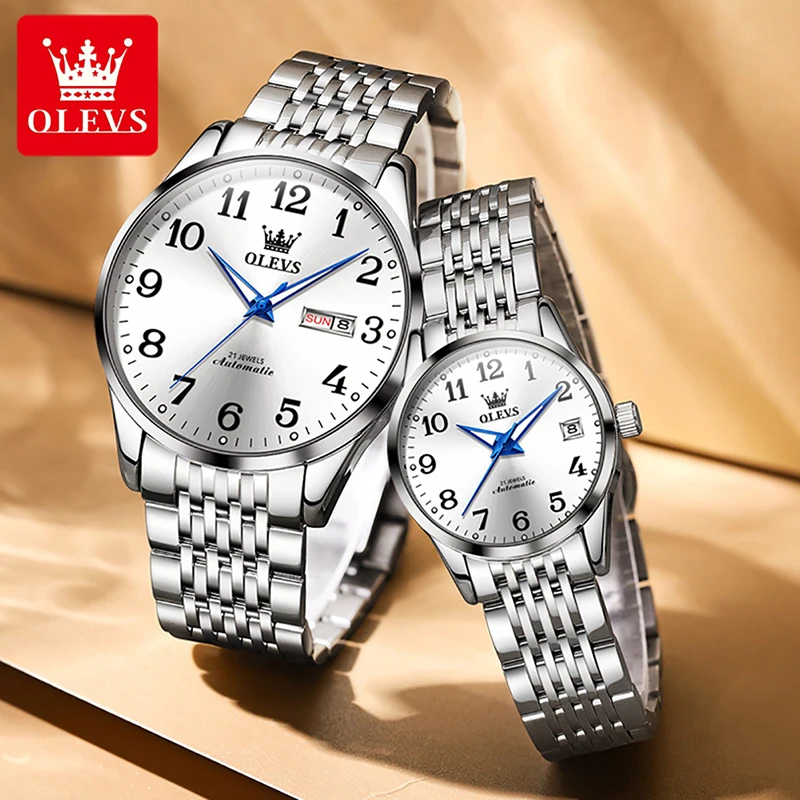 OLEVS 2022 New Waterproof Steel Band Mechanical Watches Casual Fashion Couple Watch Luminous Hand Week Calendar Display 6666