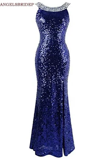 

ANGELSVBRIDEP Sheer Neck Mermaid Evening Party Gowns Sexy Backless Crystal Side Split Sequined Sparkly Abendkleider Prom Dresses