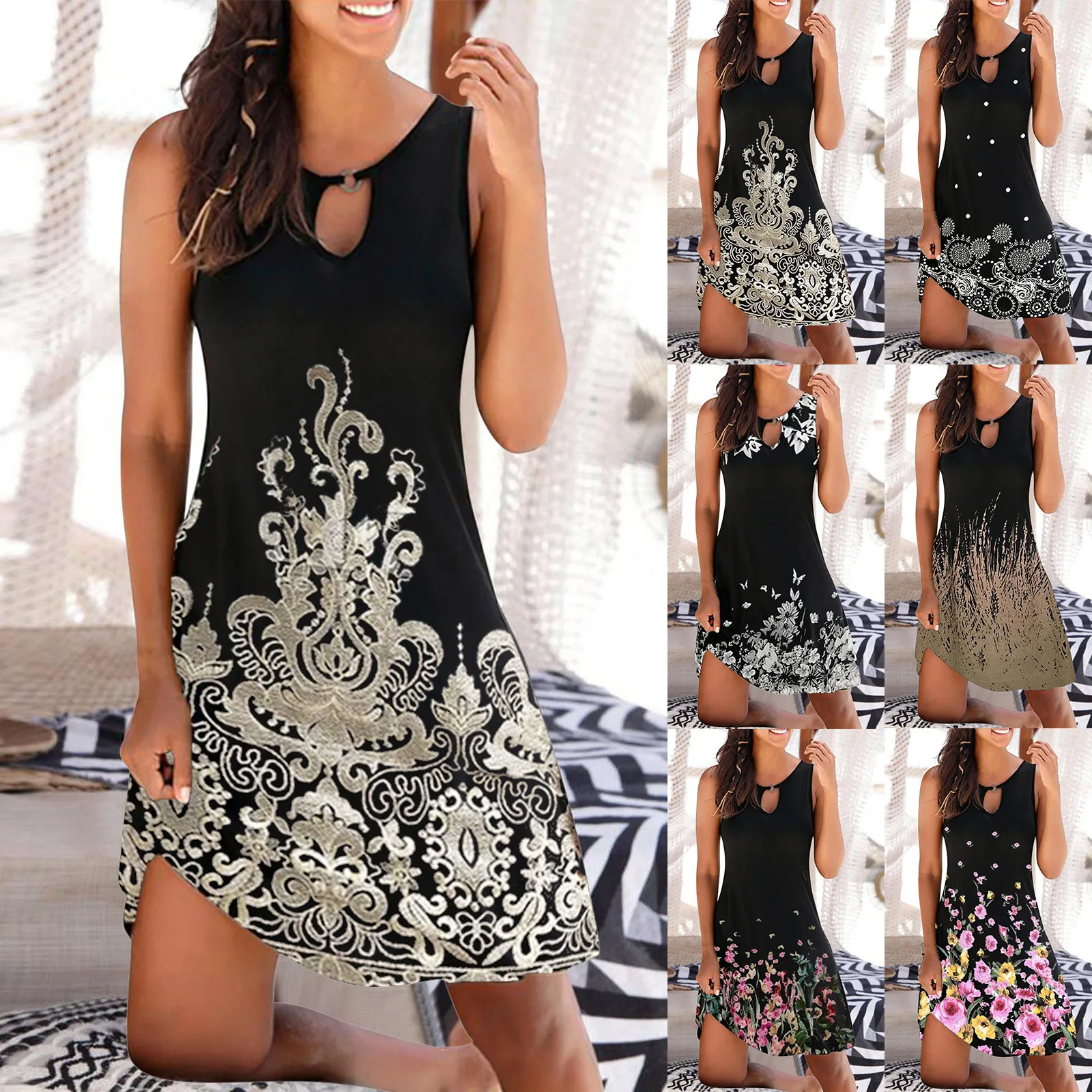 

Women 2022 Fashion Summer New Sleeveless Sexy Printed Casual Skirt Beach Dress