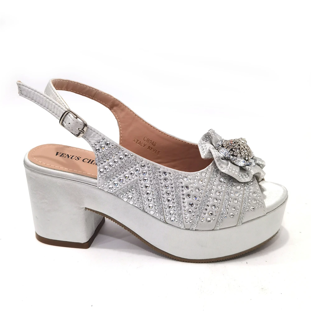 Venus Chan Lastest Noble and Elegangt Fashionable Special Style Ladies Shoes and Bag Set in Silver Color for Party and Wedding