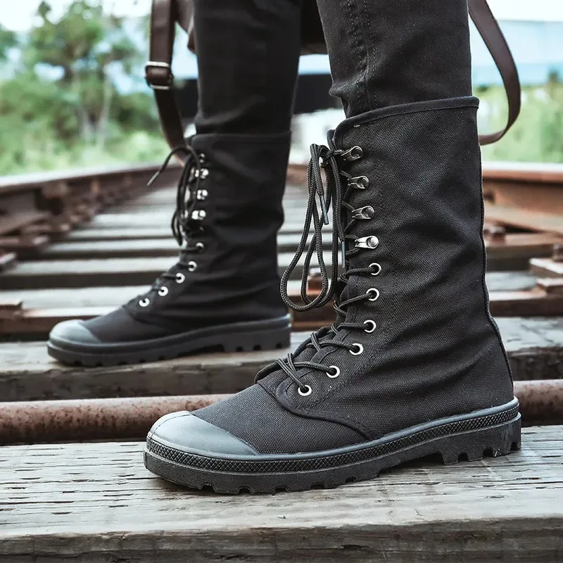 

Mid-calf Men Canvas Boots Lace Up Tactical Men Shoes High top Sneakers Military Boots Work Shoes Jungle Mountaineering Shoes Men