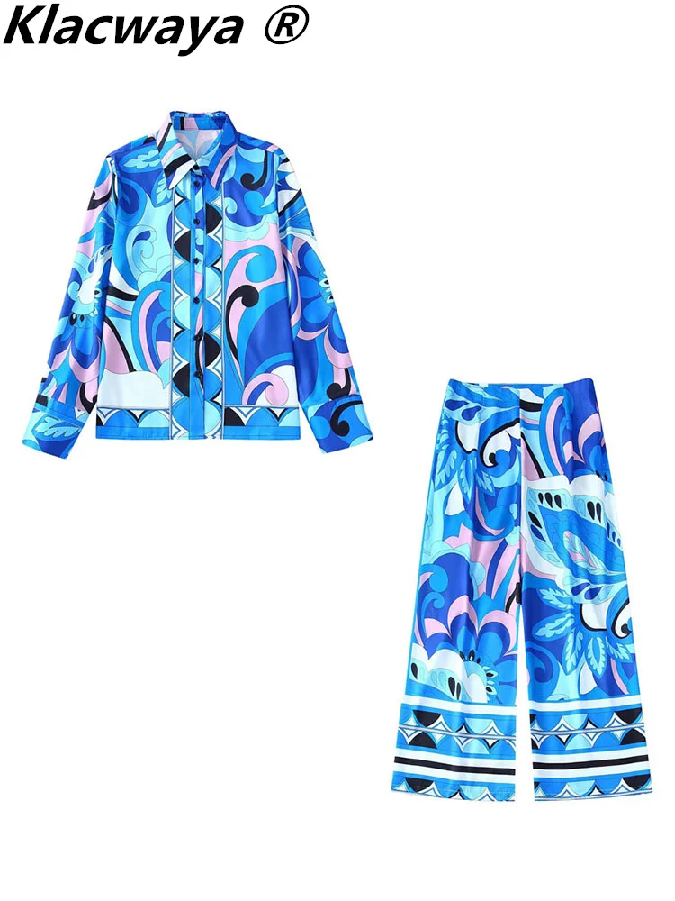 

Klacwaya Women Pants 2 Piece Set Female Clothing Women Pants Shirt Sets Casual Outfits For Women Trouser Suits Print