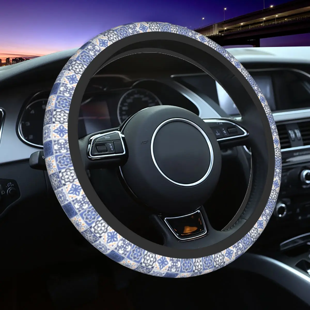 

Blue Portuguese Tile Car Steering Wheel Cover 37-38 Anti-slip Steering Wheel Protective Cover Auto Decoration Car Accessories