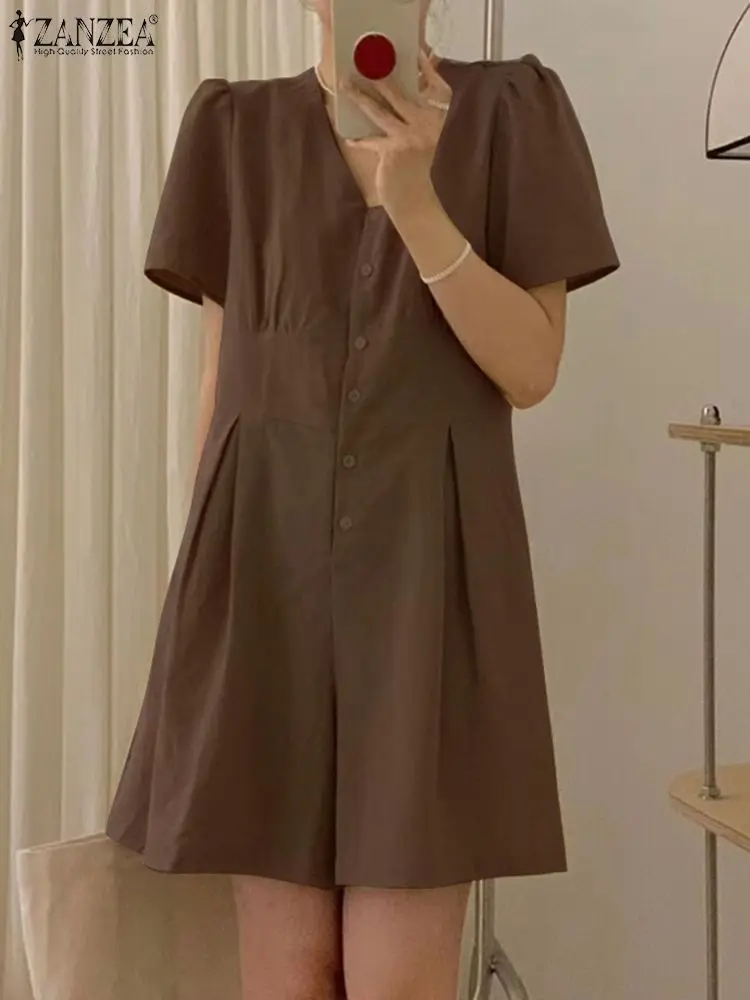 

ZANZEA Women Single Breasted Short Overalls Solid V Neck Retro 2023 Summer Rompers Fashion Short Sleeve Waisted Casual Playsuit