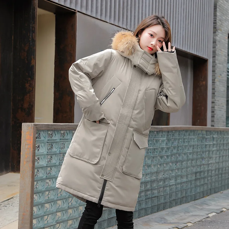 White duck down winter new trend thickened men's and women's down jacket fur collar long couple tooling camo cotton coat gulf