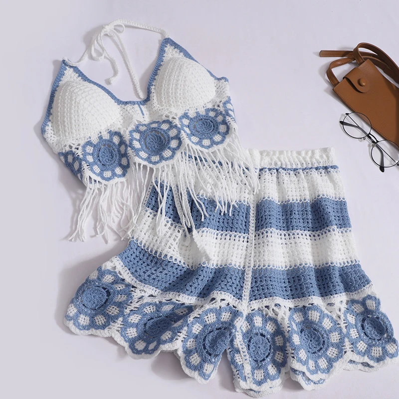 Женский Пляжный Комплект В Стиле Бохо С Кружевной Отделкой И Открытой Спиной