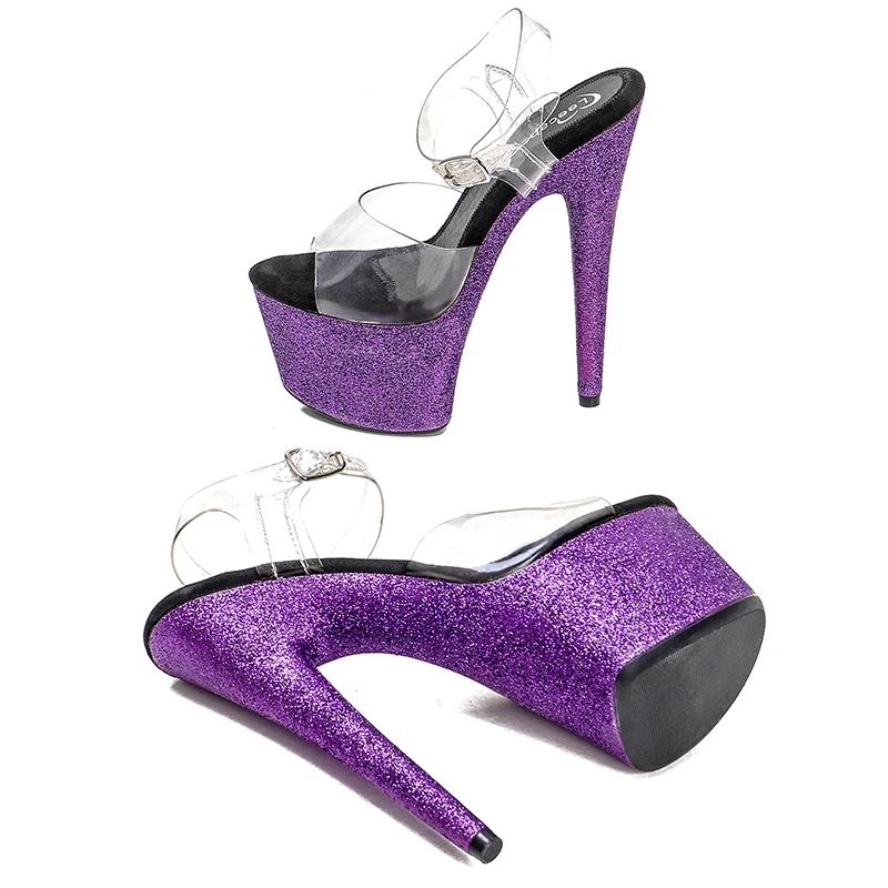 Leecabe 17CM/7inch Purple Glitter High Heel Sandals Lap-dancing Shoes High-Platform Sexy Pole Dancing Shoes  Dance Shoes