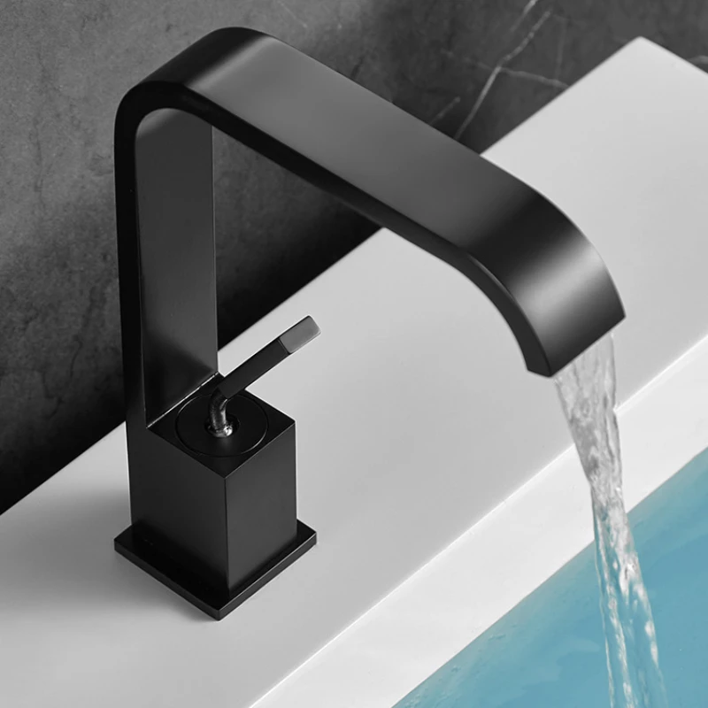 

Matt Black Full Copper Waterfall Faucet Bathroom Washbasin Basin White Hot and Cold Water Faucet