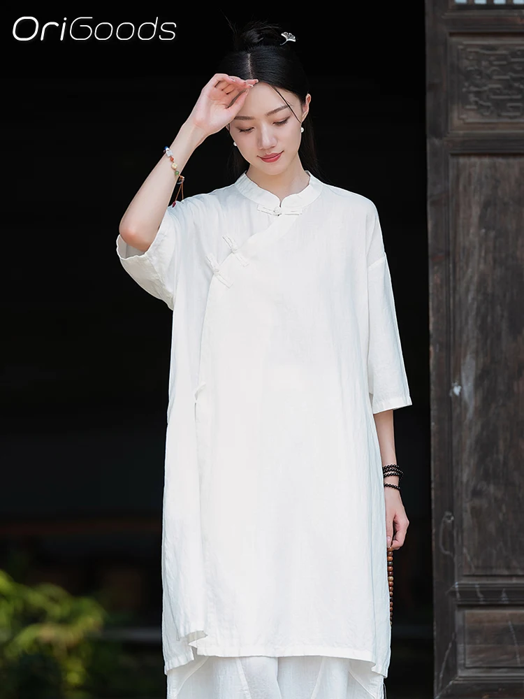 Льняная Длинная женская рубашка OriGoods из лиоцелла свободная тонкая Китайская
