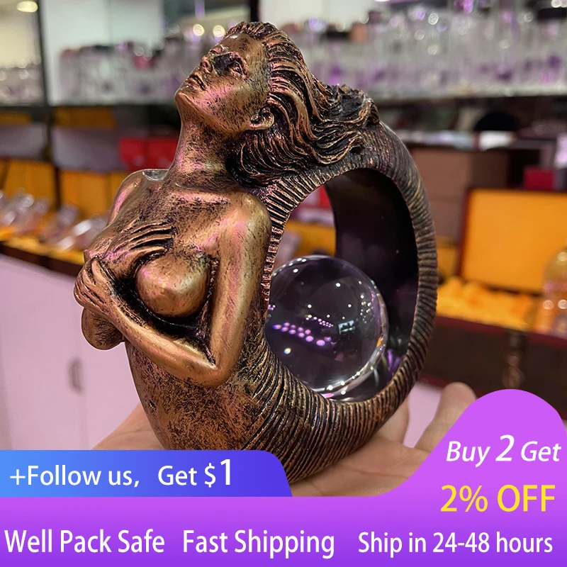 

Retro Mermaid Crystal Ball Placed Base Resin Crafts Display Stand Home Divination Meditation Magic Animal Statue Altar Decor