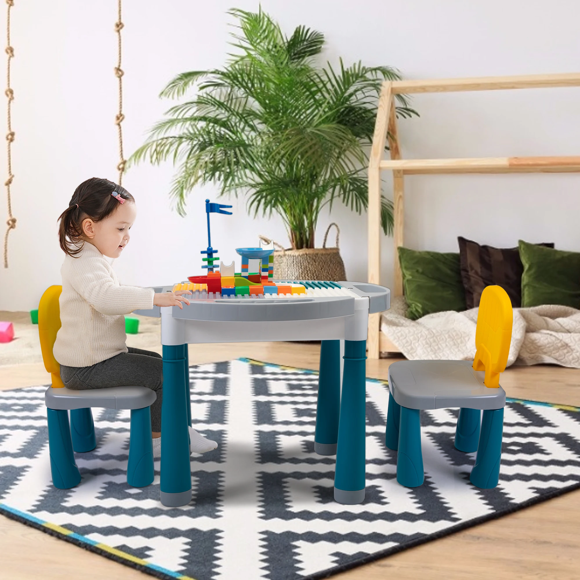 

6-In-1 Multi Activity Plastic Table and 2 Chair Set, Play Block Table with 71 PCS Compatible Big Building Bricks Toy for Toddler