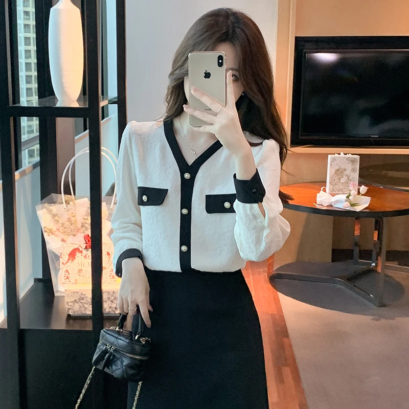 Женская шифоновая блузка с длинным рукавом V-образным вырезом