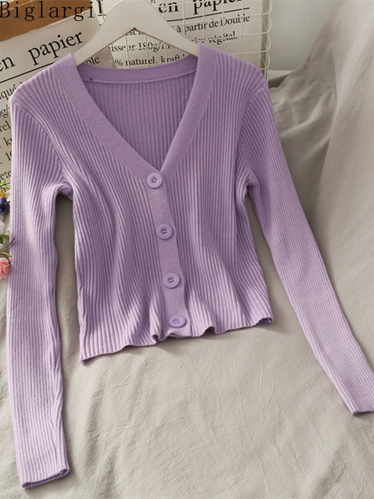 

Korea 2022 Spring Autumn Striped Knitted Cardigan Women Office Womens Long Sleeve Casual Cropped Knit Coat New Ladies Woman Tops