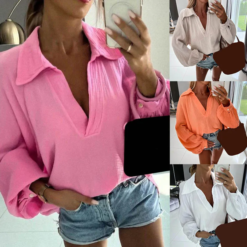 

Однотонные Женские повседневные топы, блузка с V-образным вырезом, женская модная блузка с длинным рукавом, свободная рубашка с отложным вор...