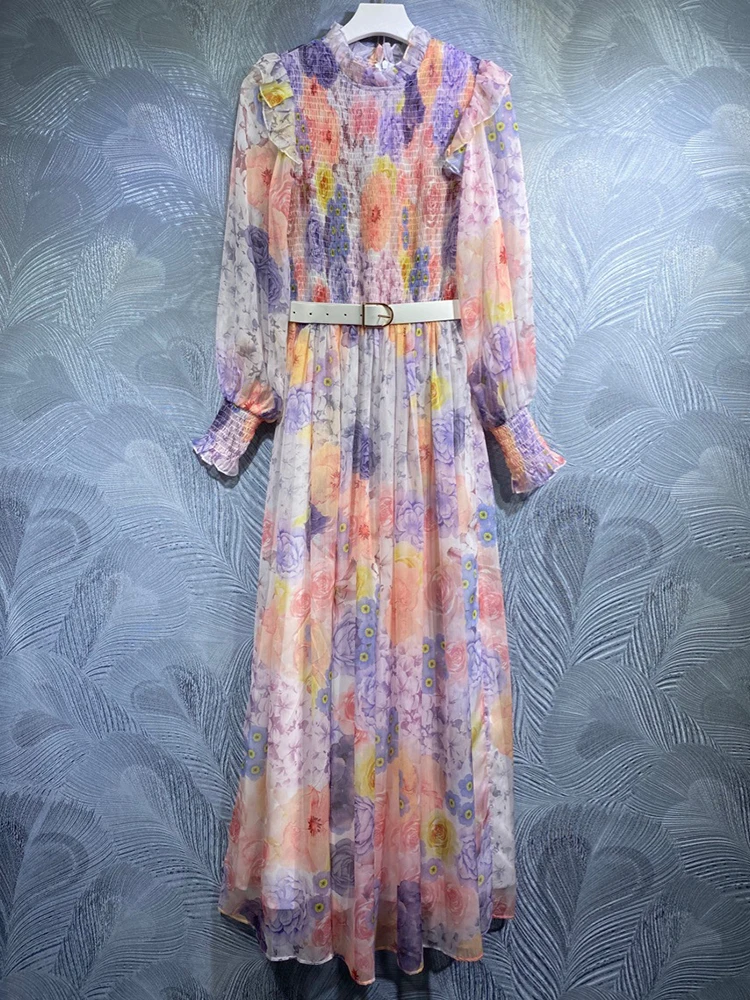 

Seifrmann High Quality Spring Women Fashion Runway Long Dress Lantern Sleeve Ruffles With Belt Floral Print Holiday Maxi Dresses