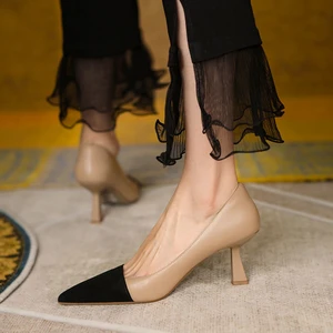 2022 French apricot single shoes , high heels for women with shallow mouth, retro matching color, pointed heels, soft leather