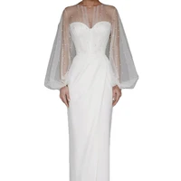merdelan women round collar lantern sleeve with pearls white mesh maxi bridal wedding evening dresses